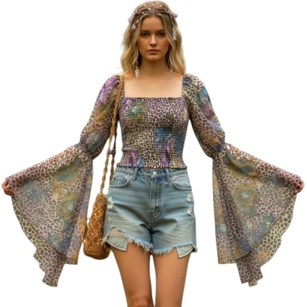 Y2k Hippie Mob Wife Womens size Large Leopard Fairygrunge Exaggerated Sleeve Top
